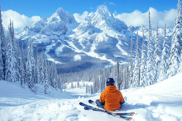 Skier Admiring Majestic Snow-Covered Peaks in Tranquil Mountain Setting