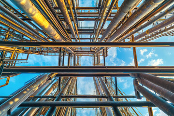Industrial geometry: abstract view of metal pipes in refinery with clear sky
