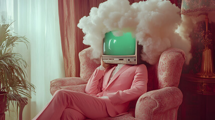 A man in a pink suit sits in an armchair with a television for a head and a cloud for hair.