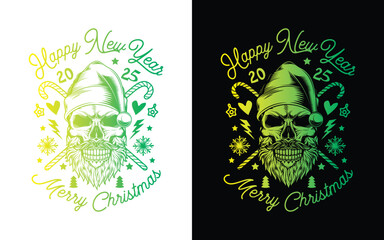Skull with beard and mustache in Santa Claus hat. Christmas and New Year poster. Original vector illustration in vintage style. T-shirt design.