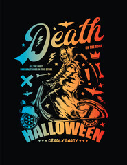 Death on a Scooter. Halloween Poster. Original vector illustration in vintage style. T-shirt design.