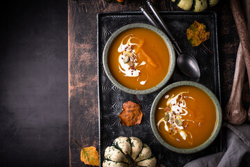 Vegetarian autumn pumpkin cream soup
