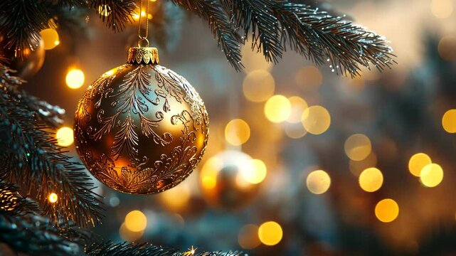 Glowing golden tree ornaments with detailed engravings, hanging from a tree surrounded by soft, warm lights. . Video