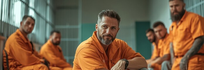 A group of inmates in orange jumpsuits sit in a prison common area.