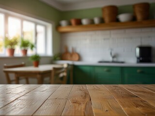 Empty wooden table with the bright white interior of the kitchen as a blurred background behind the bokeh golden sunshine