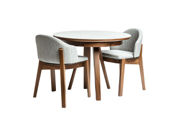 Stylish round dining table with two upholstered chairs, perfect for modern interiors, isolated on a white background.