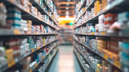 Fototapeta premium Blurred aisle of pharmacy shelves stocked with various medicines