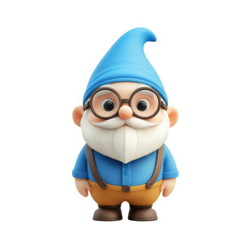 recommend clip art: A friendly and whimsical 3D rendered garden gnome with a white beard, glasses, and a blue hat isolated on transparent background, cut out, png, cartoon illustration