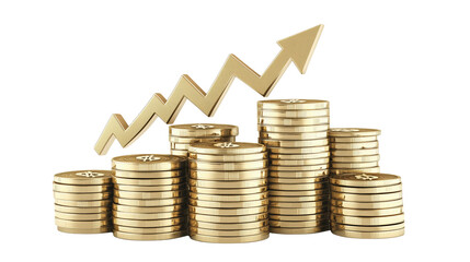 Visual Representation of Financial Growth with Stacked Gold Coins and an Upward Trend Arrow for Business Concepts