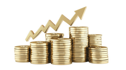 Visual Representation of Financial Growth with Stacked Gold Coins and an Upward Trend Arrow for Business Concepts