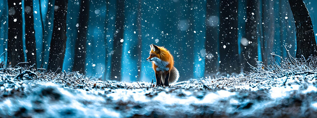 A red fox stands in a snowy forest, the trees creating a magical blue glow.