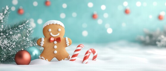 Obraz premium A cheerful gingerbread cookie stands beside striped candy canes, surrounded by a festive winter scene of snow and colorful ornaments.