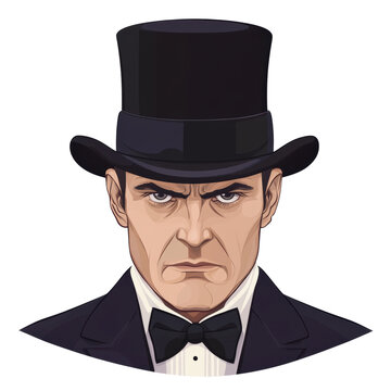 recommend clip art: The Mysterious Gentleman: A stylized portrait of a man in a top hat and tuxedo, his expression serious and intense isolated on transparent background, cut out, png, cartoon illustration