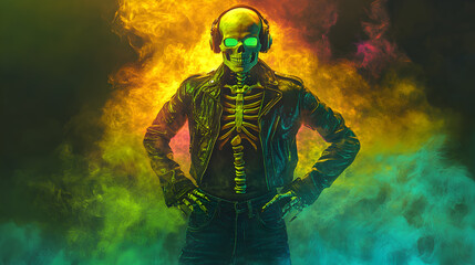 A skeleton wearing headphones and a leather jacket, standing in front of a colorful smoke background.