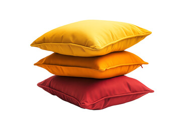 Three vibrant decorative cushions in yellow, orange, and red stacked together, adding a pop of color to any living space.