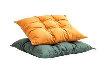 Two comfortable cushions in vibrant orange and green hues, perfect for interior decor or relaxation.