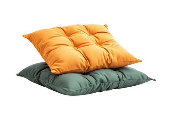 Two comfortable cushions in vibrant orange and green hues, perfect for interior decor or relaxation.