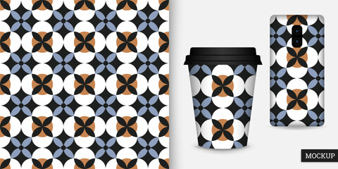 Geometric seamless pattern. Abstract background with colorful geometric shapes. Repeating texture. Vector illustration. Design for paper, wallpaper, fabric. Mockup.