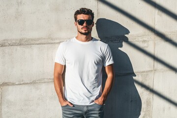 Obraz premium millennial guy dad core look with a blank white t shirt, relaxed fit jeans, and retro sunglasses, casual and comfortable, minimal background with copy space