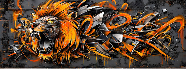 Obraz premium A vibrant and abstract graffiti art piece featuring a roaring lion with orange and black paint on a gray wall.