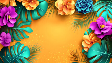 A vibrant and tropical border of flowers and leaves on a yellow background.