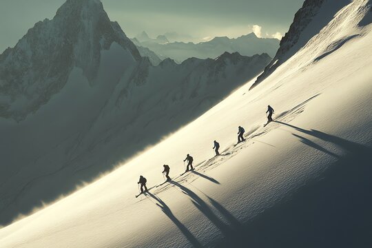 Alpinistes progressant sur une pente enneig&eacute;e avec des montagnes en arri&egrave;re-plan

