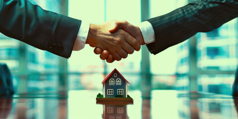 the office of a real estate company, male handshake, successful conclusion of a contract for the purchase or sale of real estate, model figurine of a small house, inheritance law