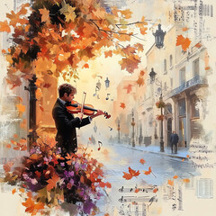 Fototapeta premium Violinist in Autumn Fantasy Collage with Vintage Cityscape