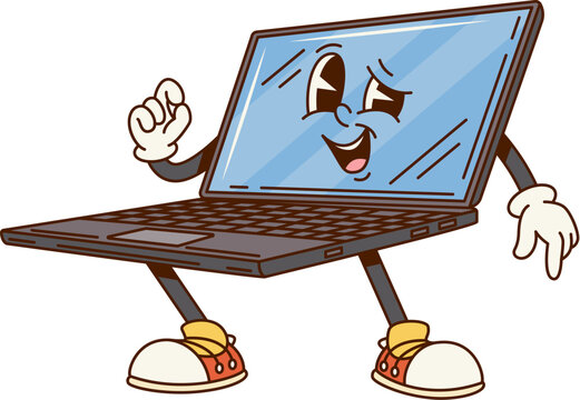 Groovy computer notebook or laptop character with funny face, vector retro cartoon. Groovy funky comic laptop notebook with smile and winking in positive vibes for computer emoji in retro cartoon
