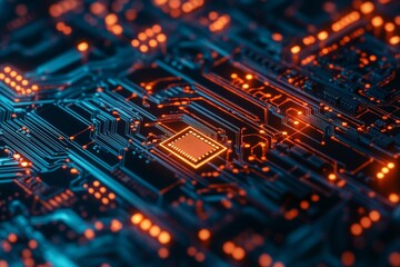cybersecurity - microchip macro closeup 3d mesh backdrop. Information technology data science concept. circuit board