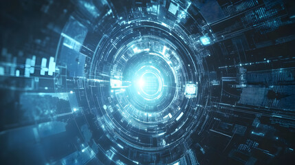 Abstract blue digital tunnel with glowing light and data flow.