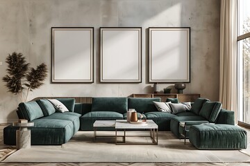 Modern Interior of Stylish Living Room ,Wall Mock Up, Frame , Poster with Beautiful Background, 3d render