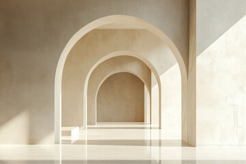 minimal beige concrete arch 3d rendering minimalist architecture background, corridor tunnel perspective podium