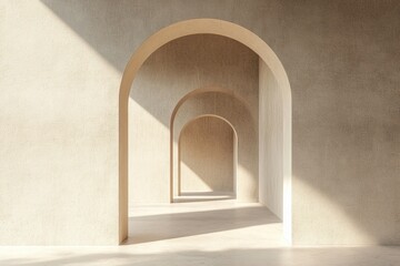 Obraz premium minimal beige concrete arch 3d rendering minimalist architecture background, corridor tunnel perspective podium