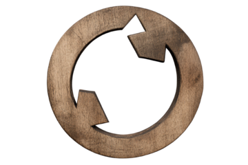 Wooden recycling symbol isolated on a white background, depicting sustainability and eco-friendliness.