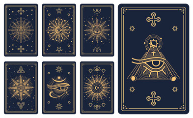 Tarot cards with magic esoteric signs and mystic occult symbols, vector covers. Tarot cards with esoteric magic sun and stars, Horus eye with Ankh cross and mason pyramid in pentagram on reverse decks