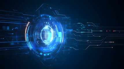 Abstract digital technology background with glowing blue circle and circuit board design.