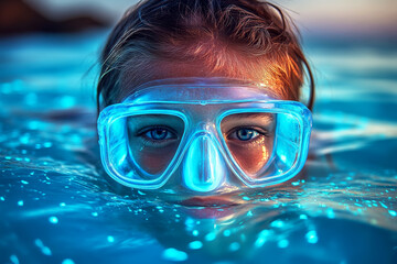 Naklejka premium Young Snorkeler with Bioluminescent Glow Reflecting on Mask