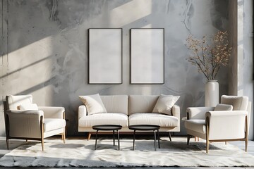 Modern Interior of Stylish Living Room ,Wall Mock Up, Frame , Poster with Beautiful Background, 3d render