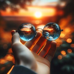 Round sunglasses reflect a peaceful sunset over a lake, offering tranquility.