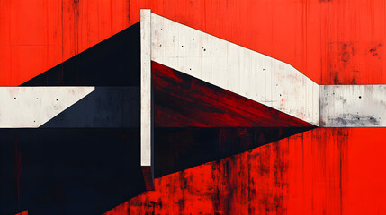 Abstract geometric composition with concrete elements and red wall.
