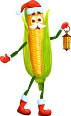 Cartoon corn Santa for Christmas holiday vegetable character, vector funny corncob. Cute sweetcorn cob in Santa hat with lantern Merry Christmas, Happy New Year and winter holiday greeting emoji
