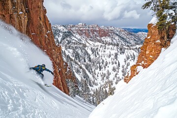 Skieur dans un couloir rocheux avec panorama montagneux
