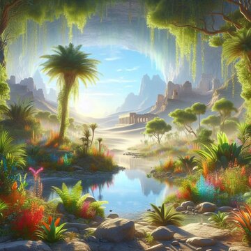 A surreal landscape with an ancient gateway and vibrant colors.