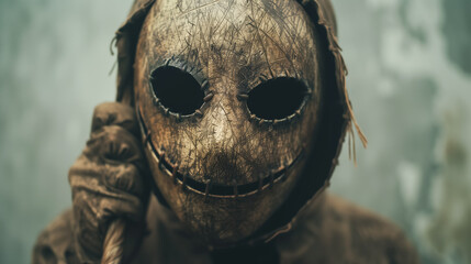 Eerie hooded figure with distressed mask holding rope in ominous setting
