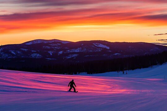 Snowboardeur solitaire sur pente enneig&eacute;e au ciel rose et orange

