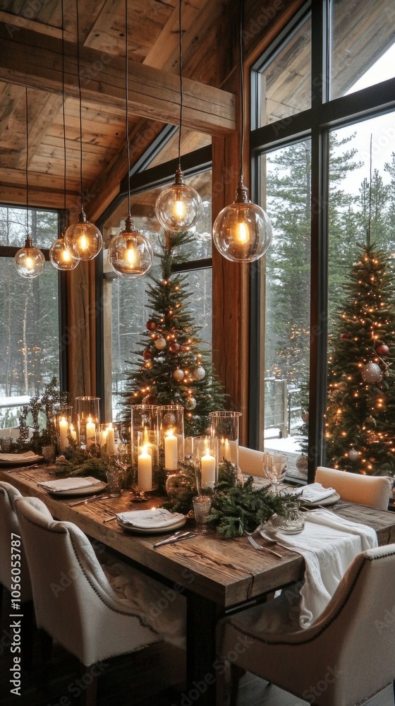 Poster a table with a christmas tree and candles on it