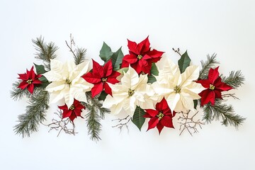 Arrangement de poinsettias rouges et blancs avec branches de pin pour No&euml;l
