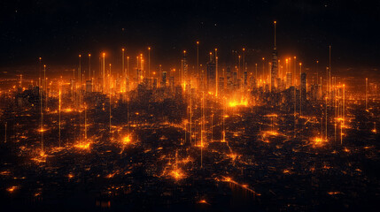 Obraz premium Cityscape with glowing digital data points and network overlay