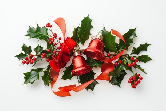 Composition de houx avec cloches rouges et rubans de No&euml;l
